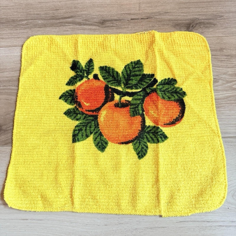 Vintage Yellow Washcloth Orange Fruit Print MCM